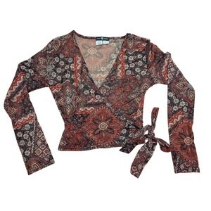 Daisy Street Paisley Mesh Wrap Long Sleeve Crop Top Y2K 90s Grunge Floral Sheer